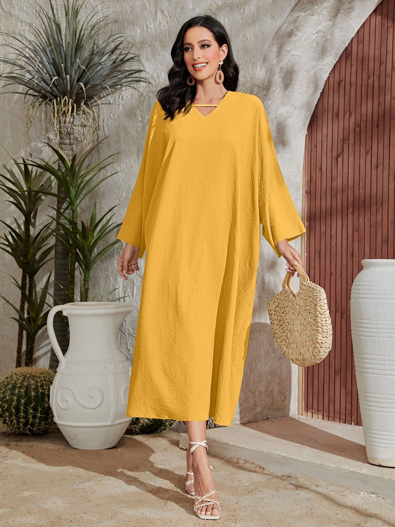 Najma Solid Notched Neck Batwing Sleeve Dress