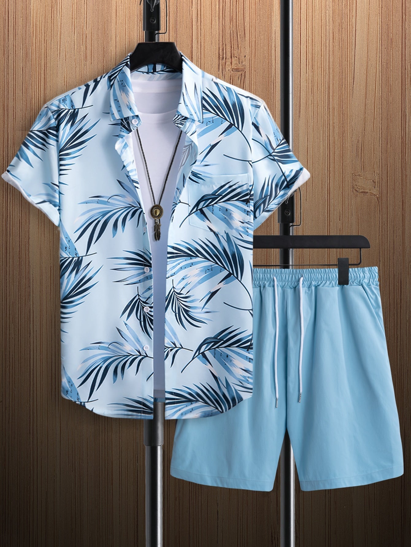 Manfinity RSRT Men Tropical Print Shirt & Drawstring Waist Shorts Set Without Tee