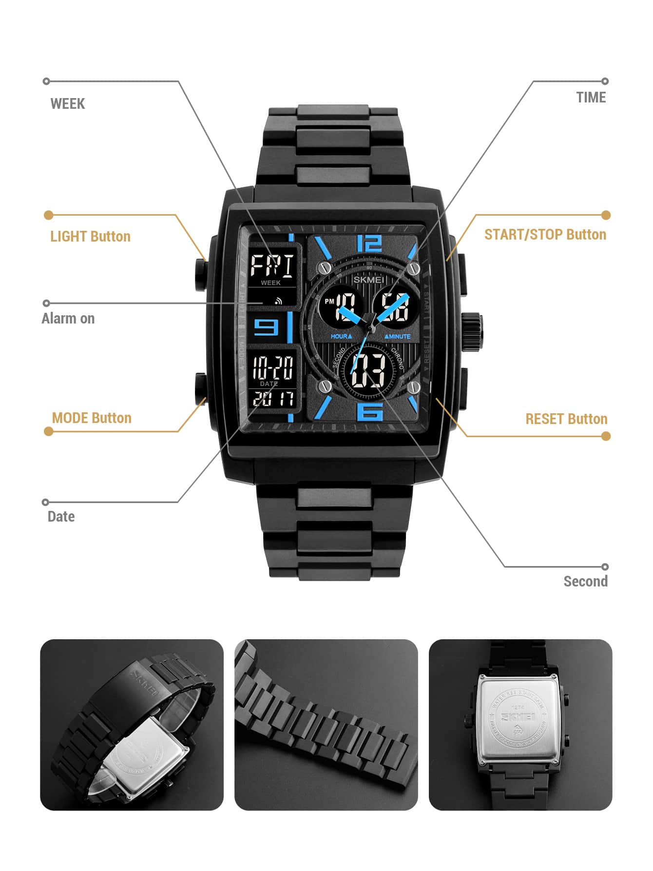 SKMEI 1pc Black TPU Strap Vintage Stopwatch Water Resistant Calendar 24 Hour Square Dial Digital Watch, For Daily Life