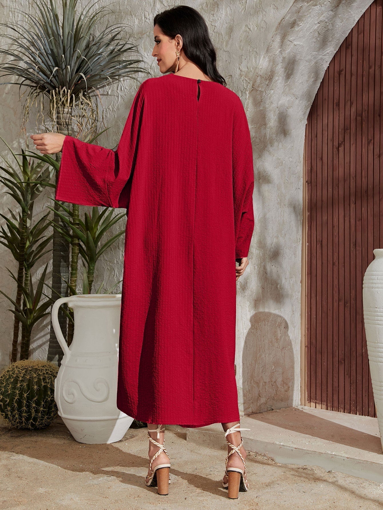Najma Solid Notched Neck Batwing Sleeve Dress