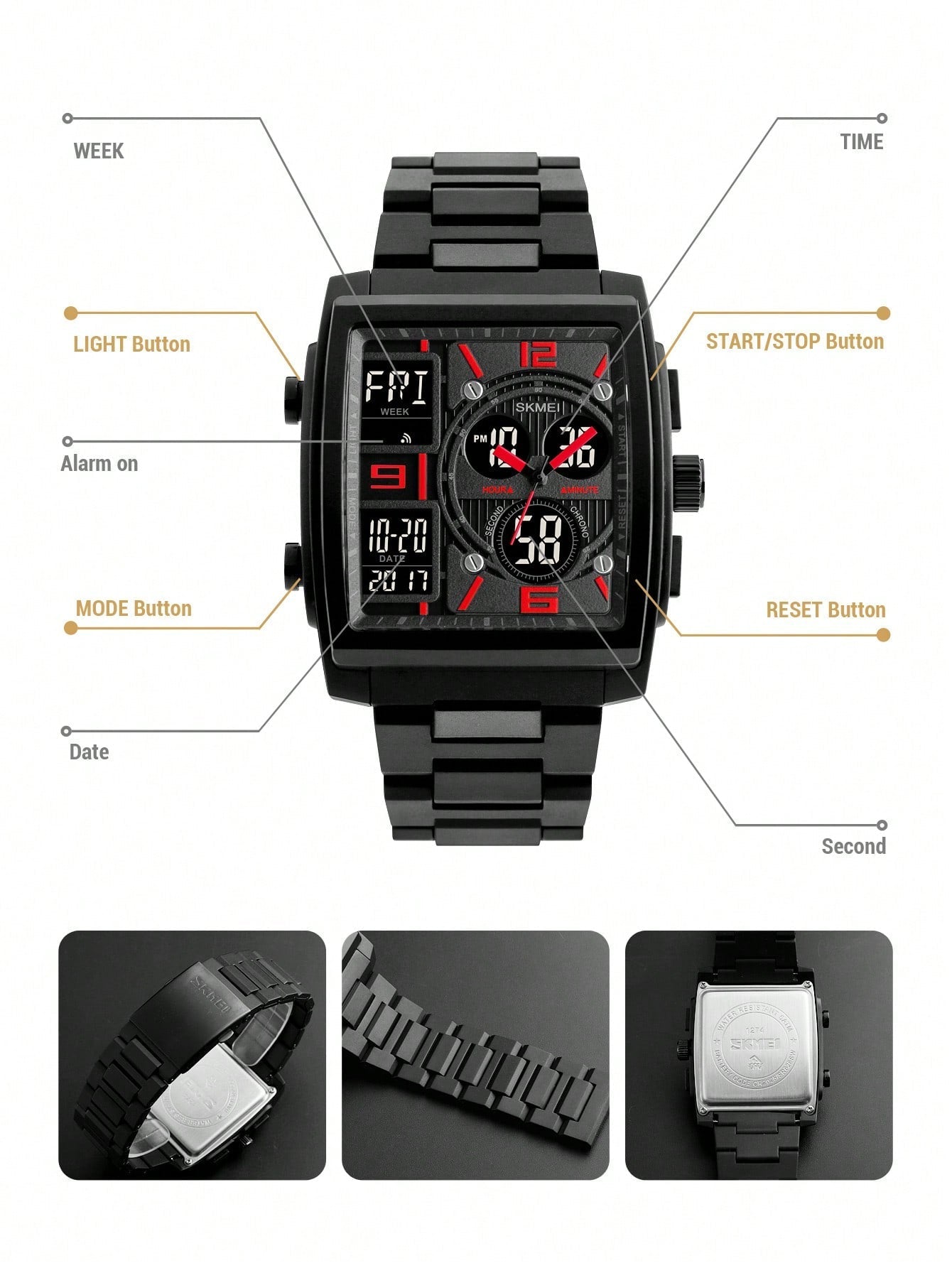 SKMEI 1pc Black TPU Strap Vintage Stopwatch Water Resistant Calendar 24 Hour Square Dial Digital Watch, For Daily Life