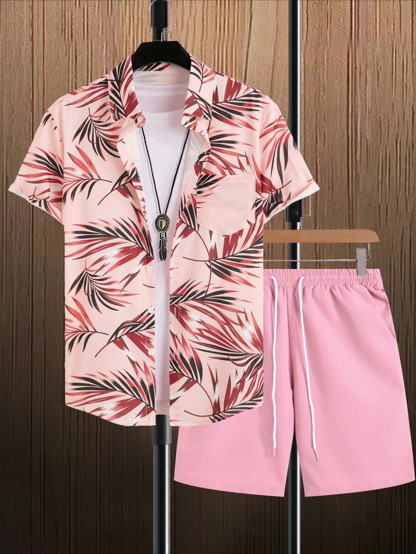 Manfinity RSRT Men Tropical Print Shirt & Drawstring Waist Shorts Set Without Tee