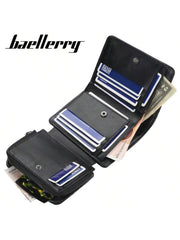 Men's Short Wallet With Multiple Card Slots, Three-folded, Zippered Coin Purse, Stylish And Slim