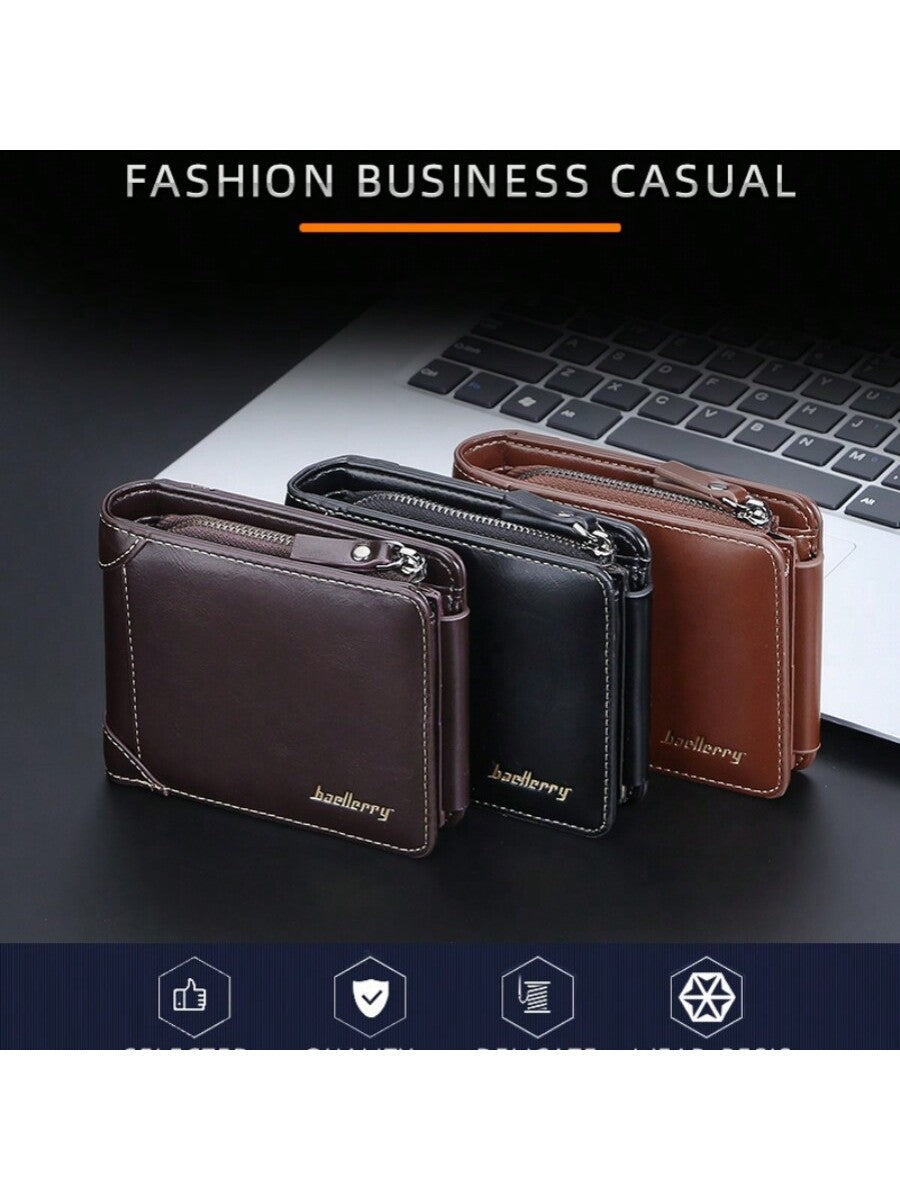 Men's Short Wallet With Multiple Card Slots, Three-folded, Zippered Coin Purse, Stylish And Slim