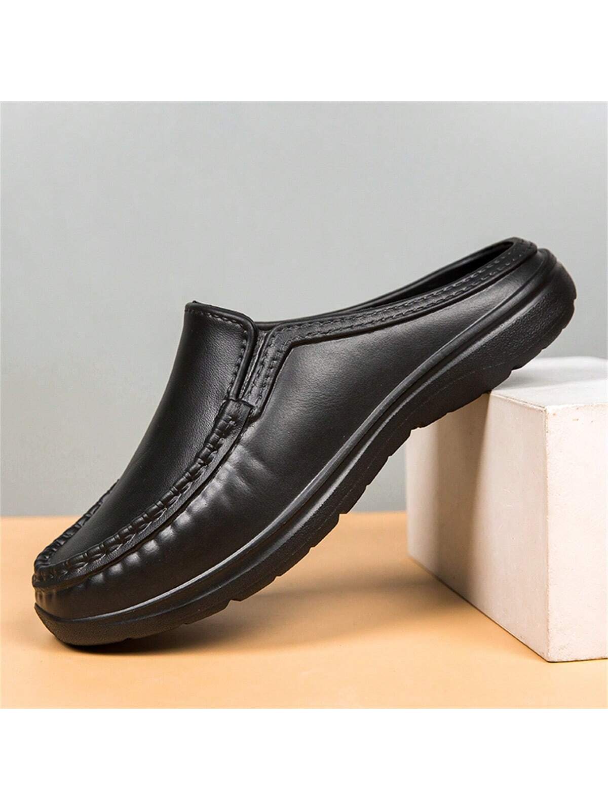 Simple Slip-on Men's Half Slippers With Non-slip Pu Leather Outsole, Suitable For Driving And Chef Work