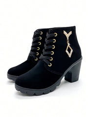 Women's Winter British Style Boots With Round Toe, High Heel, Rhinestone, Thick Sole, Chunky Ankle Booties
