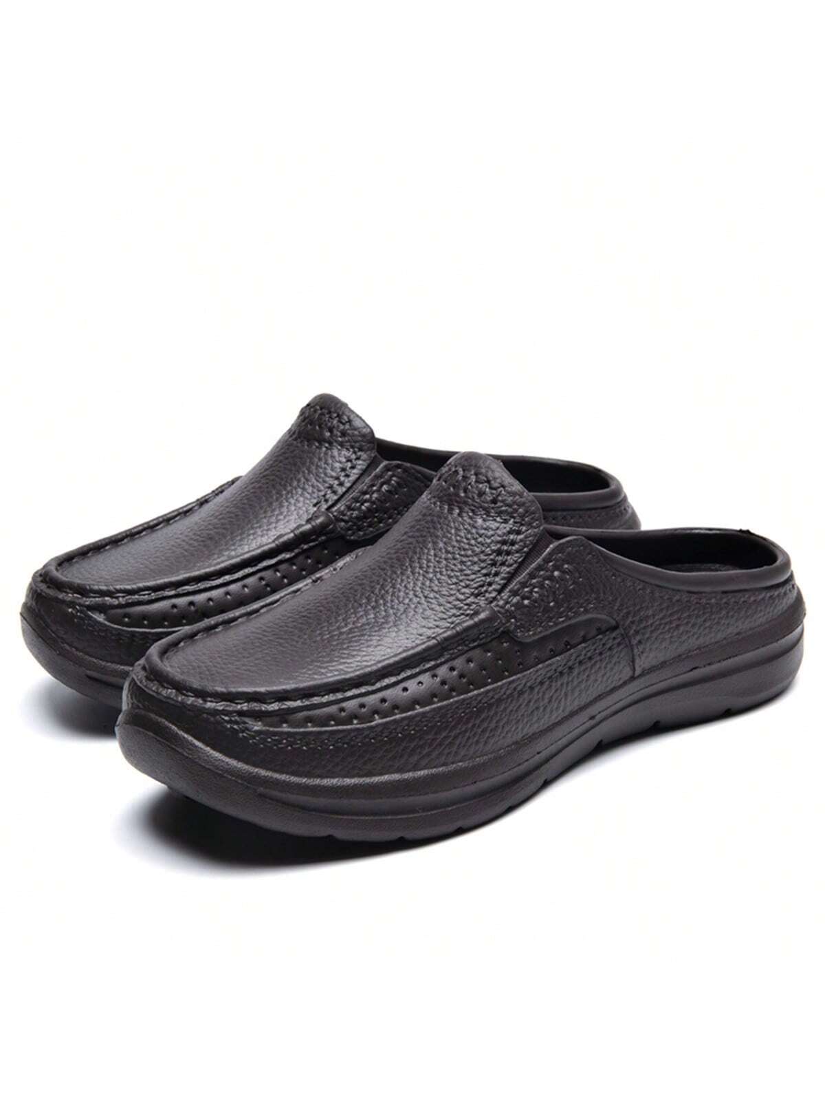 Simple Slip-on Men's Half Slippers With Non-slip Pu Leather Outsole, Suitable For Driving And Chef Work