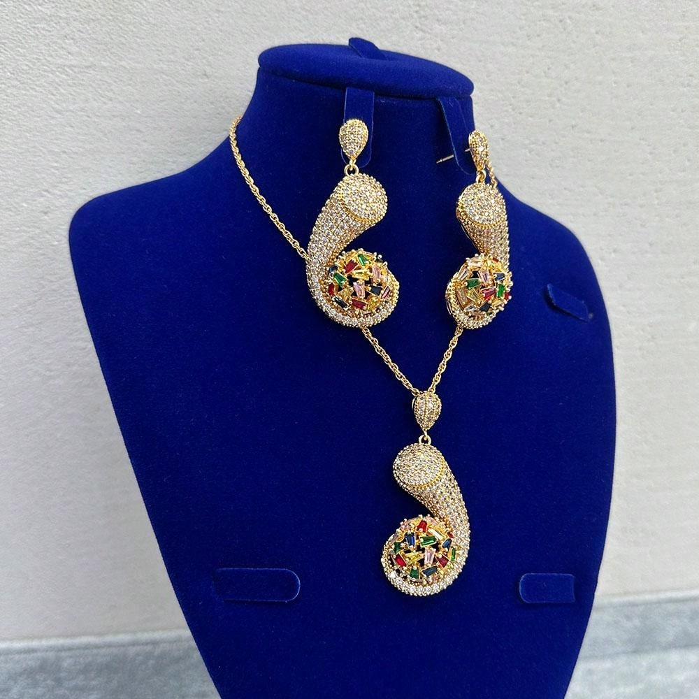 Luxury Evening 2pcs Bridal Jewelry Set With Micro Pave Colorful Cubic Zirconia Necklace And Earrings, For Women'S Daily Wear
