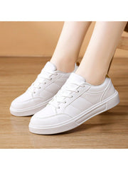 Women's White Leather Flat Casual Shoes, Fashionable, Durable, Comfortable Sneakers For Students